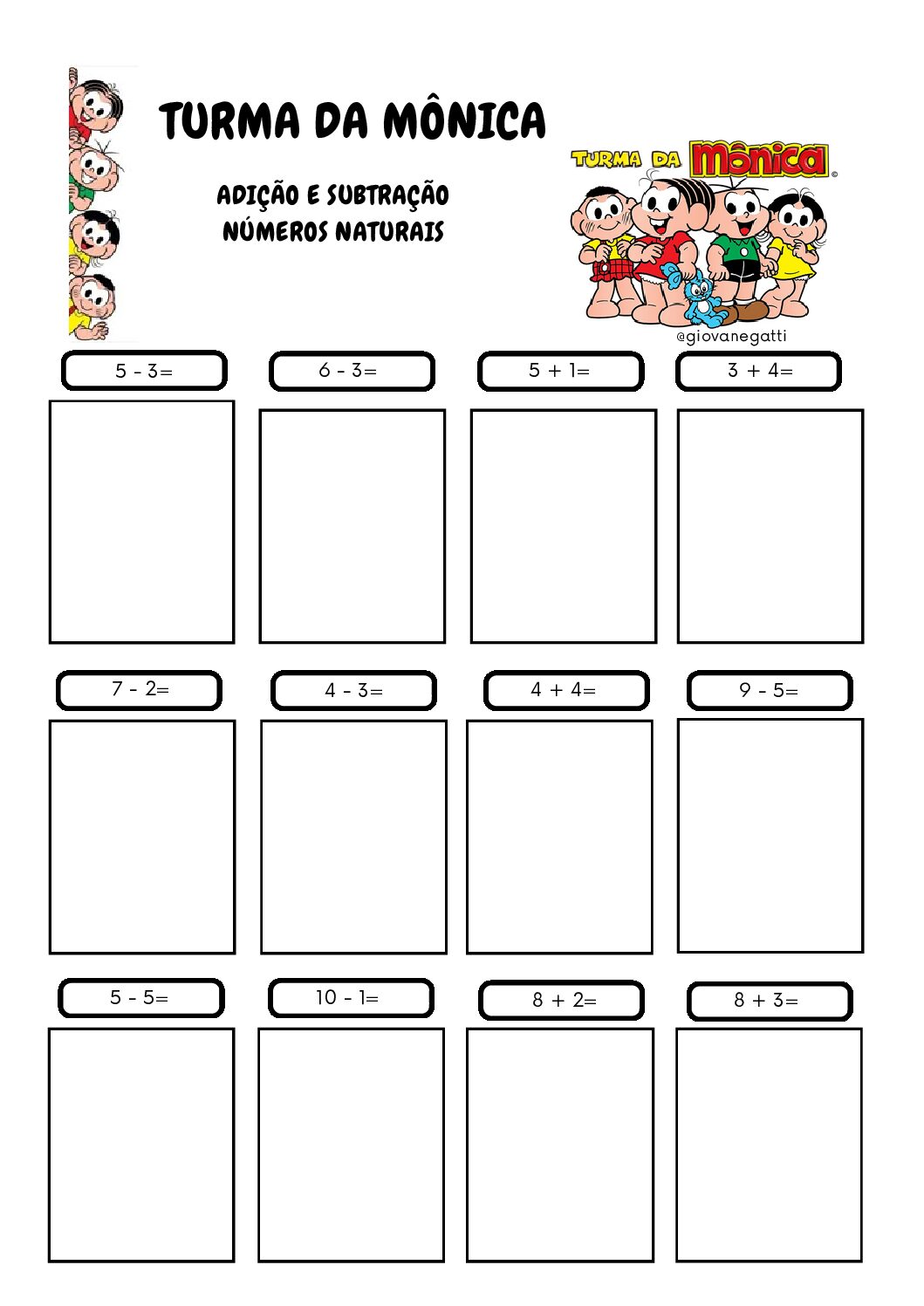 Álbum de figurinhas -TURMA DA MÔNICA - adição e subtração simples - Pré B e 1˚ano