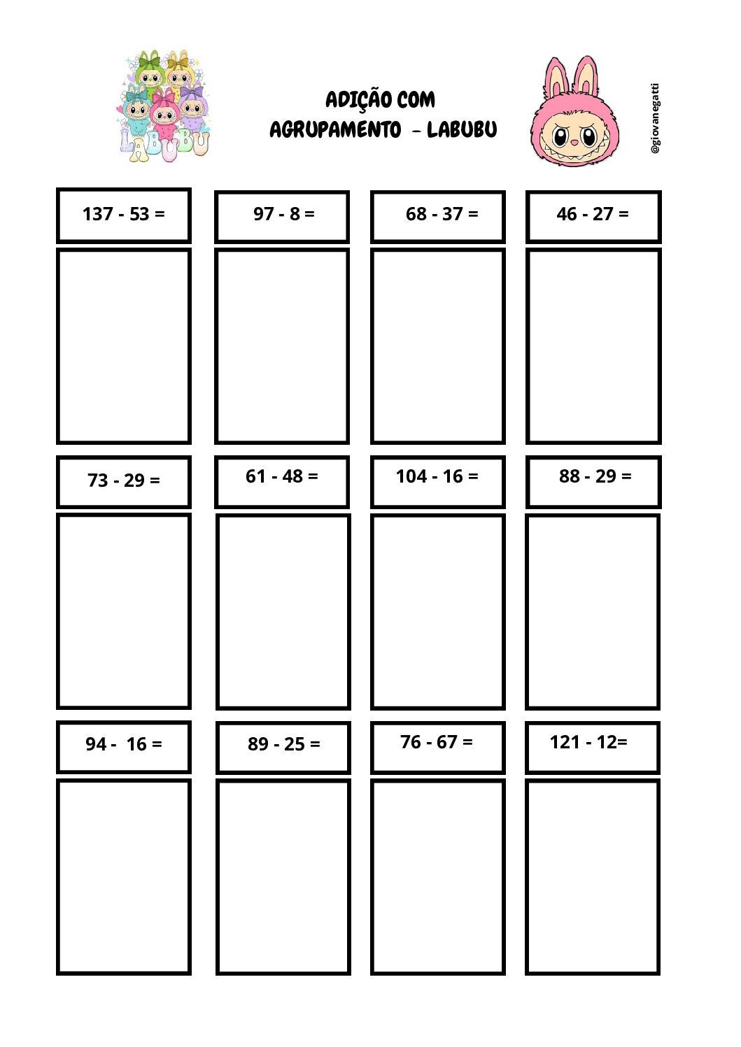 Álbum de figurinhas - LABUBU -subtração com empréstimo - 2˚ ano