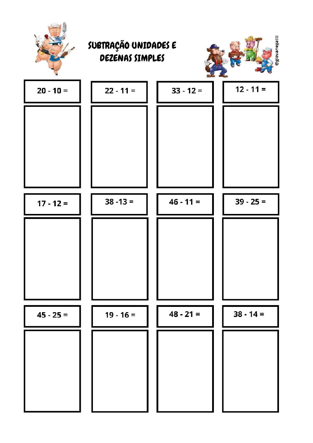 Álbum de figurinhas - OS TRÊS PORQUINHOS - subtração de unidades e dezenas simples - 1˚ ano