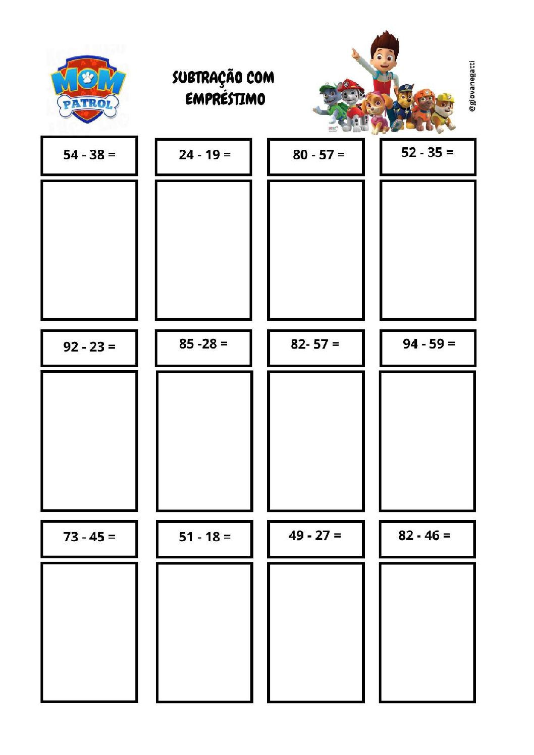 Álbum de figurinhas - PATRULHA CANINA- subtração com empréstimo - 2˚ ano