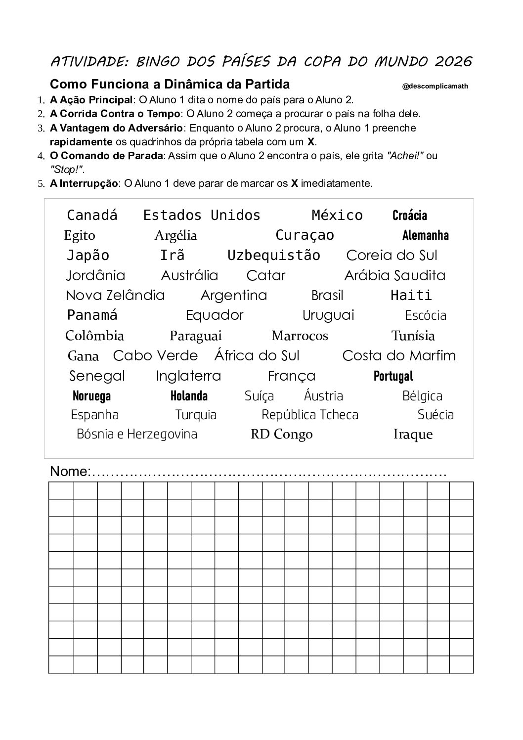 Bingo dos Países da Copa 2026